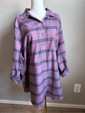 Blue Sky Celine Tunic Plum Plaid Cotton Flannel Button-Up Shirt